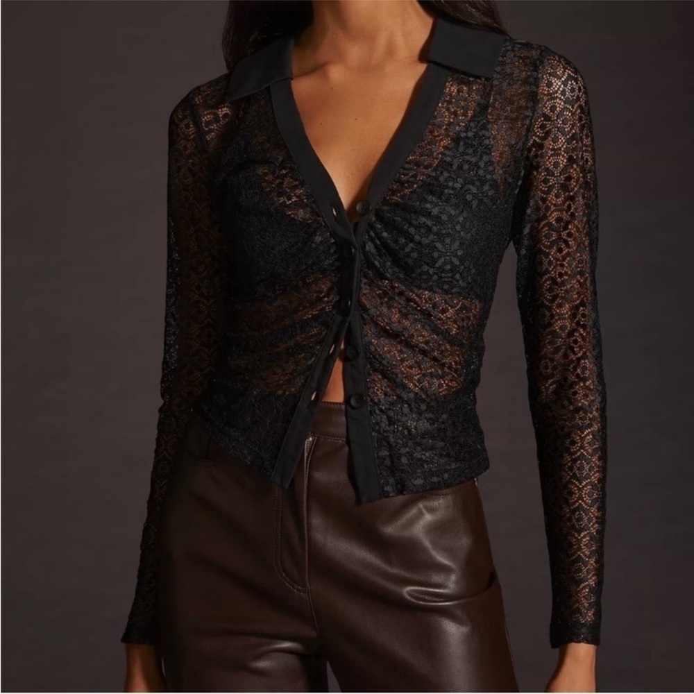 Maeve black button up collared lace blouse size XL petite NWT